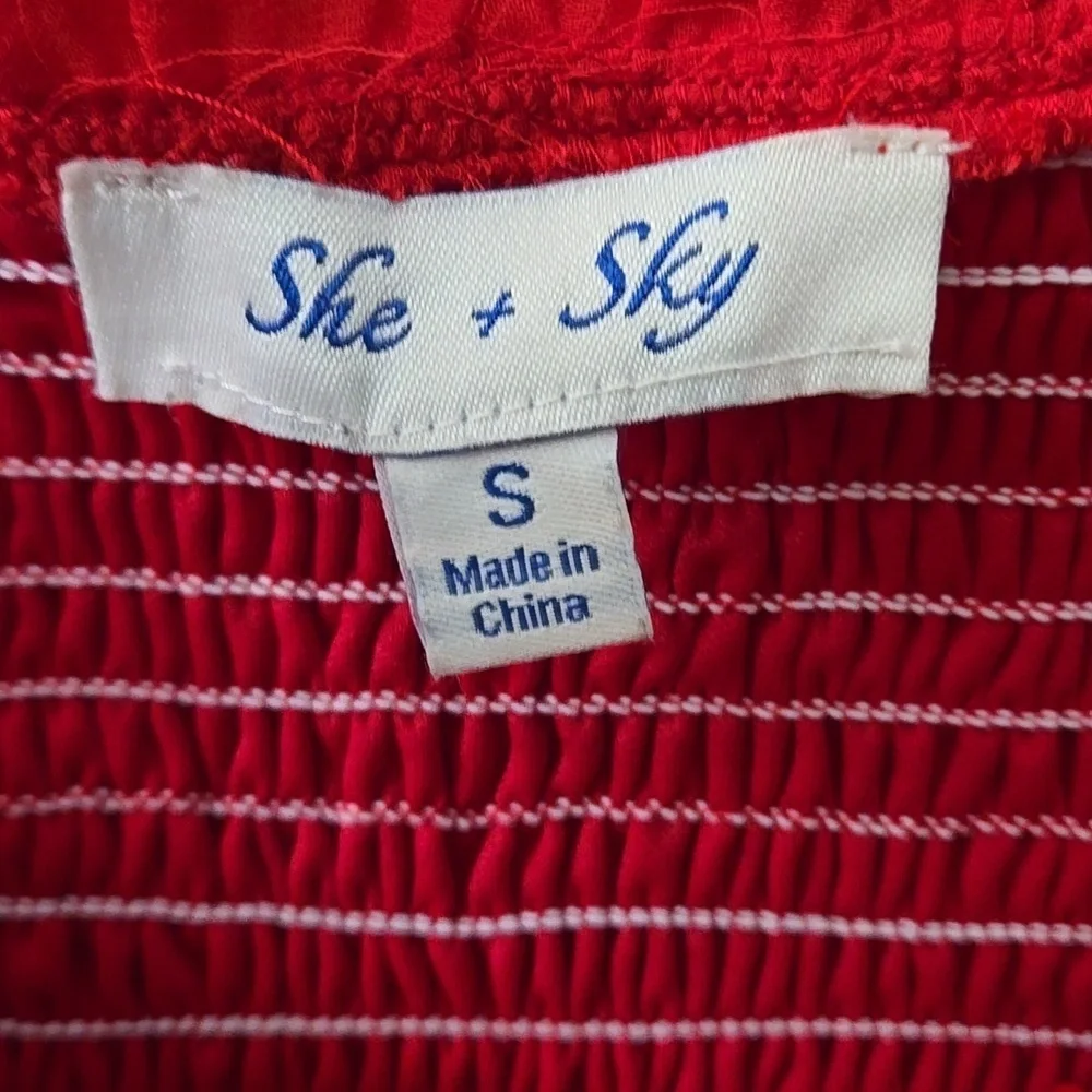 She + Sky Red Stretch Crop Top Semi Sheer Puff Sleeves w/ Popcorn Bumps Size S - Picture 2 of 10